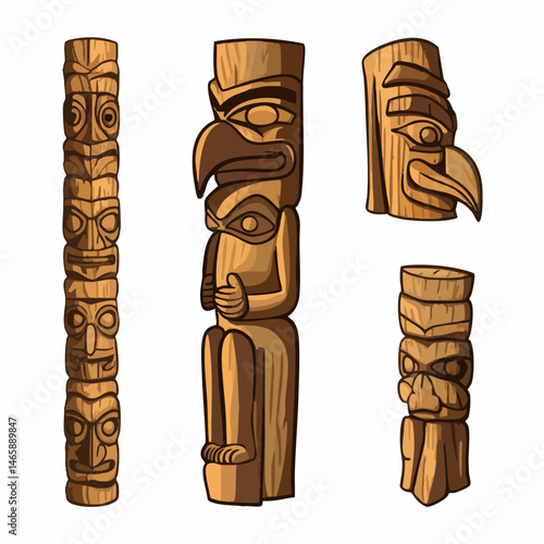 Collection of Carved Wooden Totem Poles. Vector Image