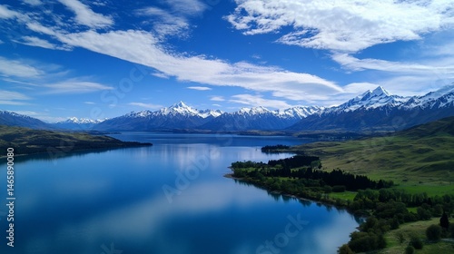 Aerial view of the breathtaking Lake Pukaki and snow-capped Southern Alps, New Zealand