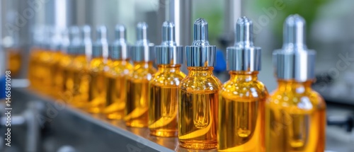 Rows of amber glass dropper bottles filled with liquid in a production line, showcasing a modern manufacturing process.