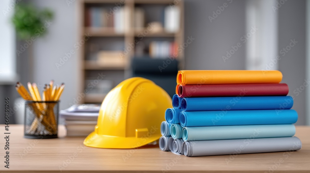A workspace featuring a yellow hard hat, colorful architectural blueprints, and a cup of pens on a wooden table.