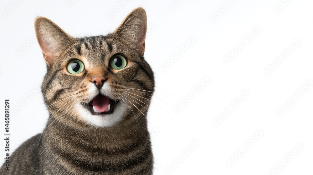 A surprised tabby cat with wide eyes and an open mouth, set against a plain background.