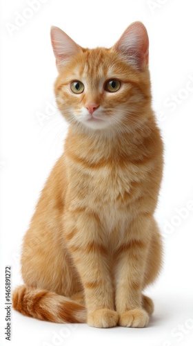 A cute orange tabby cat sitting upright, showcasing its bright eyes and fluffy fur against a plain background.
