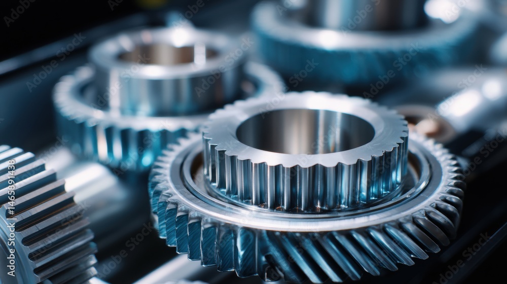 Close-up of shiny metal gears, showcasing intricate details and precision engineering in an industrial setting.