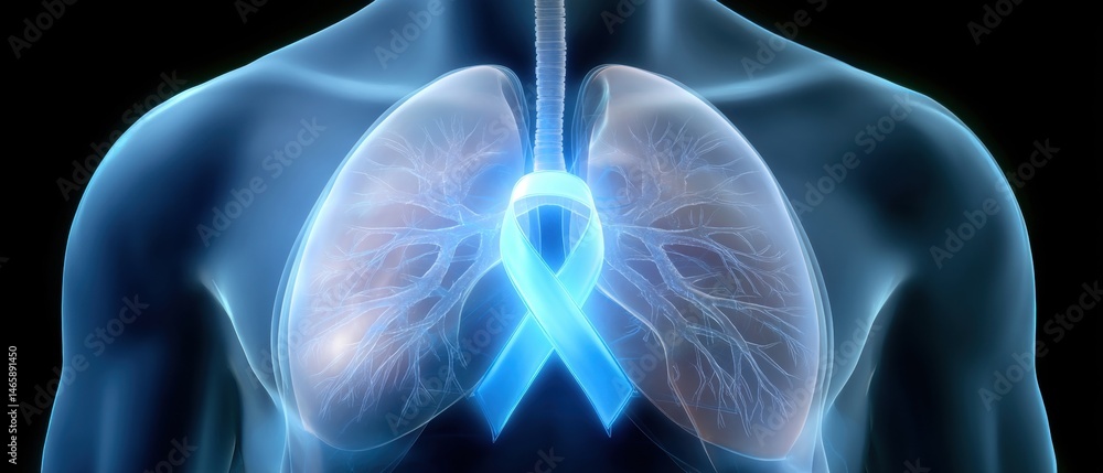 Visual representation of lungs highlighted with a blue ribbon, symbolizing awareness for lung health or lung-related issues.