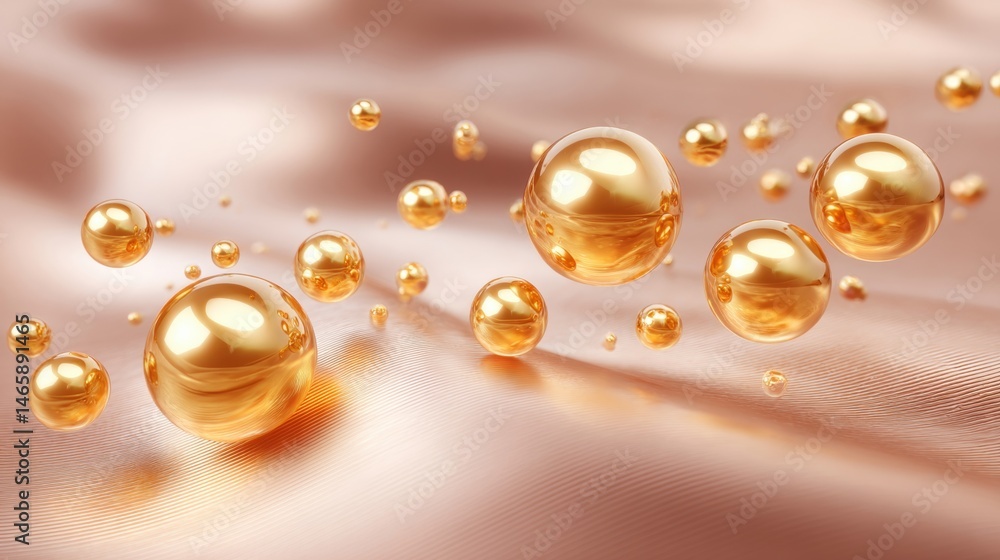 Floating golden bubbles on a shimmering, silky surface create a luxurious and elegant atmosphere.