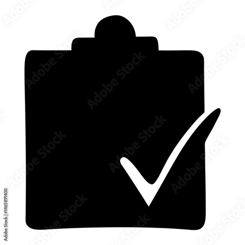 Black and white clipboard graphic illustration with a check mark overlay