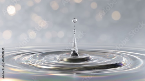 A water droplet creates ripples, surrounded by soft bokeh lights, emphasizing clarity and motion in a serene setting.