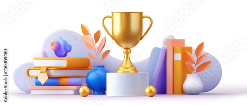 Obraz na płótnie A golden trophy surrounded by colorful books and decorative elements, symbolizing achievement and learning. w salonie