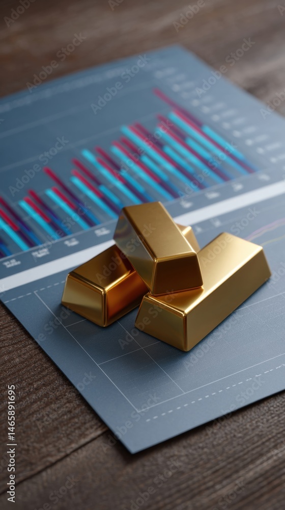 Gold bars on a financial report with colorful graphs, symbolizing wealth and investment strategies.
