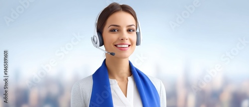 Obraz na płótnie Professional woman in a headset smiles confidently, set against a blurred city skyline, symbolizing customer service or support. w salonie