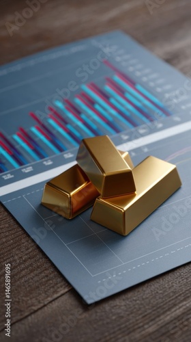 Obraz na płótnie Gold bars on a financial report with colorful graphs, symbolizing wealth and investment strategies. w salonie