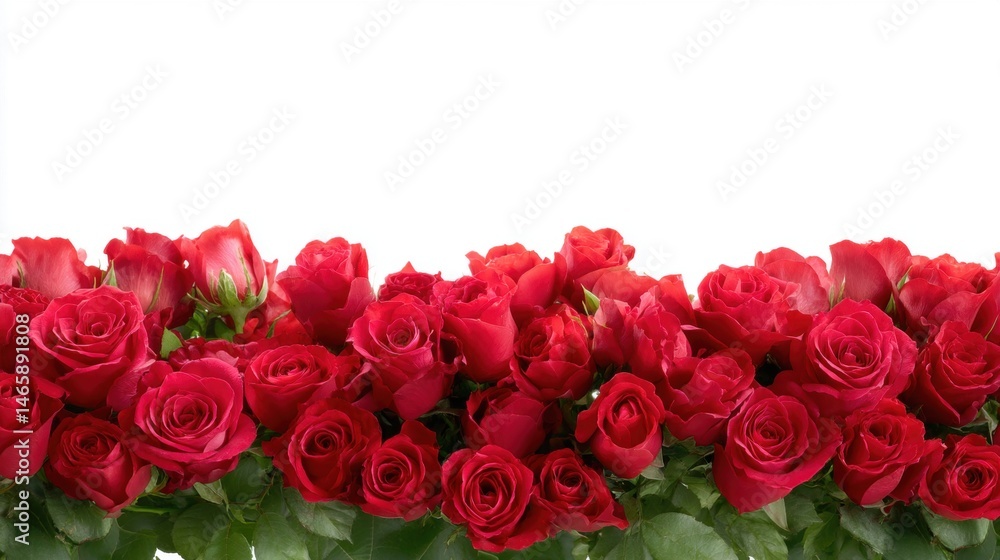 Vibrant red roses arranged beautifully, showcasing their lush petals and green foliage in a striking display.