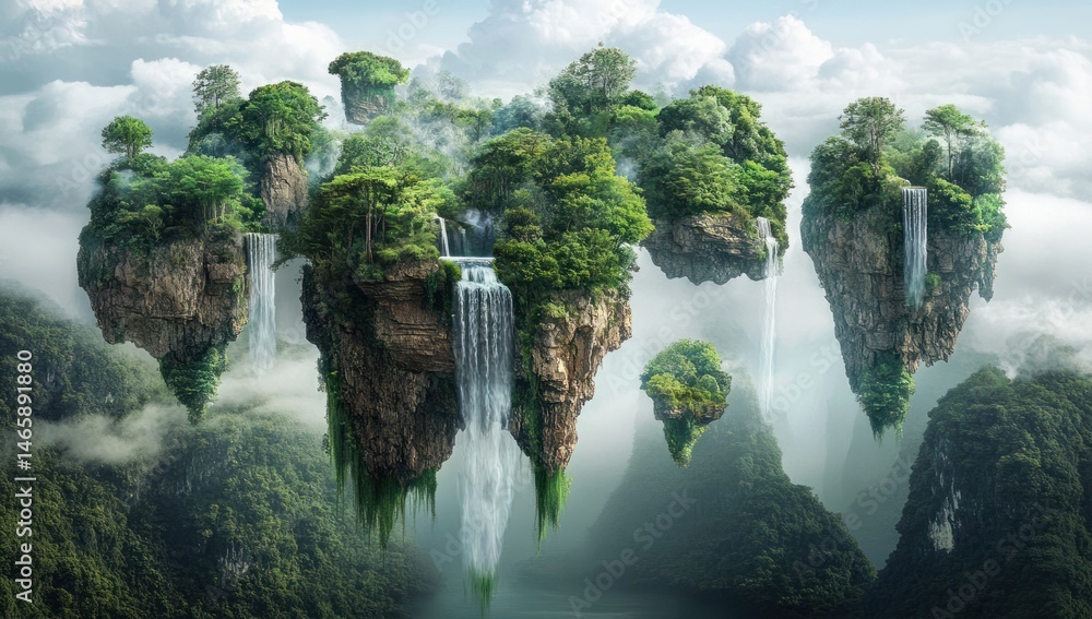 Naklejka premium ethereal floating islands adorned with lush greenery cascading waterfalls and mystical cloudscapes