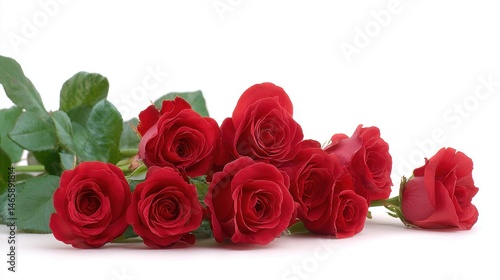 A bouquet of vibrant red roses showcases their rich color and lush green leaves, symbolizing love and beauty.