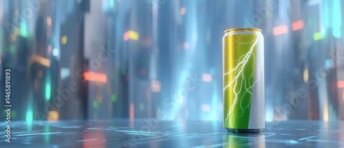 A vibrant, futuristic scene featuring a glowing energy drink can amidst a blurred, neon cityscape.
