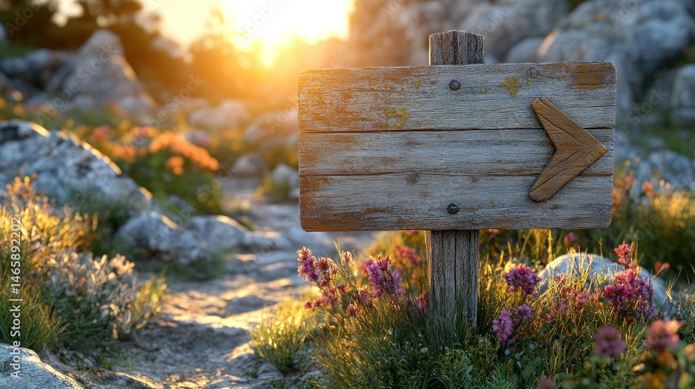 Naklejka premium Wooden signpost points path through mountain flowers at sunset