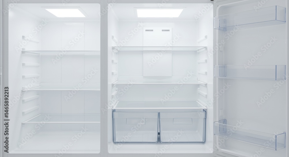 Detailed view of the clean, empty interior of a modern white side-by-side refrigerator, showing multiple shelves and bottom drawers Detailed view of the clean, empty interior of a modern white side-by-side refrigerator, showing multiple shelves and bottom drawers
