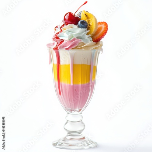 Wallpaper Mural A unique fruit milkshake in a tall glass, layered with whipped cream, colorful fruit slices like banana, Torontodigital.ca