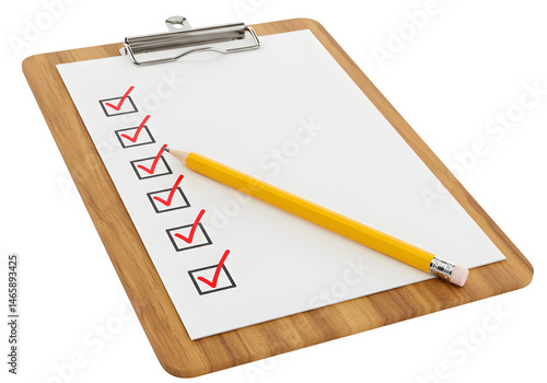 Wallpaper Mural Wooden clipboard featuring a checklist with red ticks, accompanied by a yellow pencil positioned diagonally over the sheet for an organized look, isolated on white or transparent background. PNG Torontodigital.ca