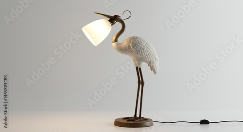 A desk lamp shaped like a crane bird on a white background