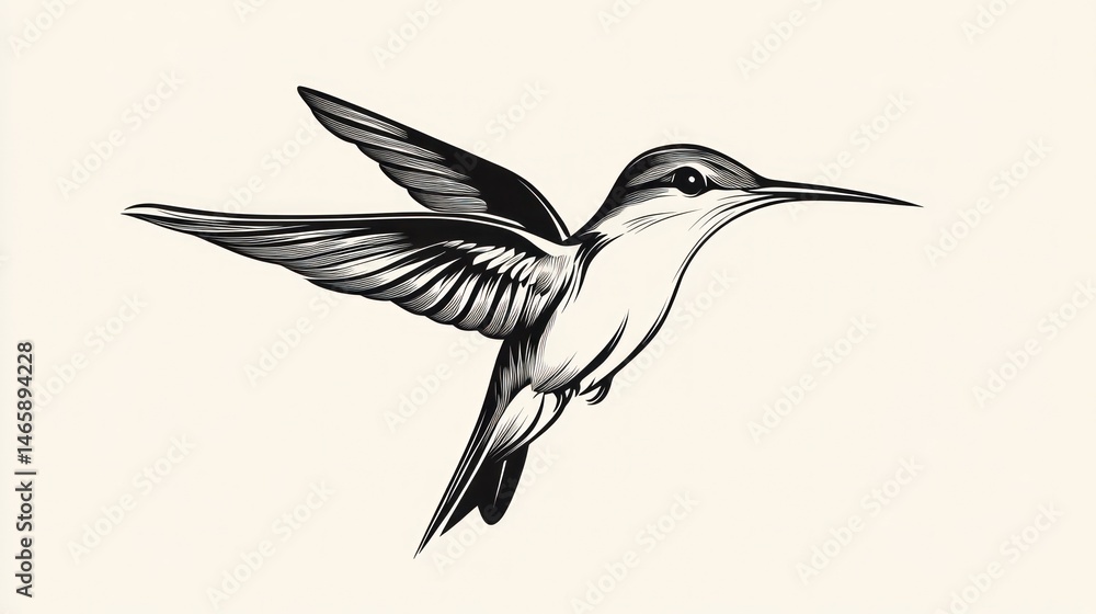 Obraz premium Elegant hummingbird in flight against a plain background. Possible use Fine art print, tattoo design, or stationery