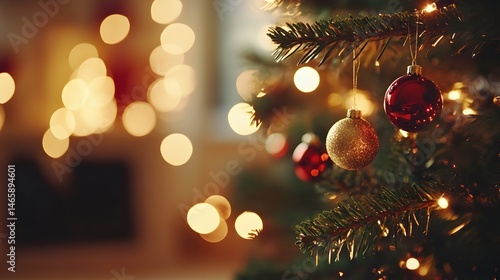 Christmas Tree Ornaments Golden Red Lights Festive Season Holiday Background