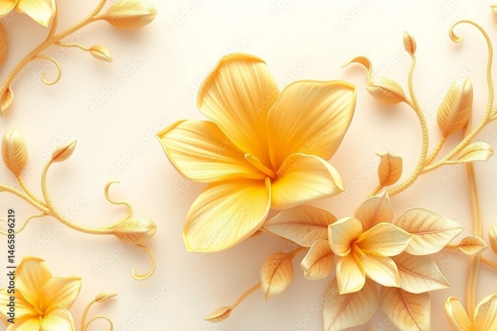 Golden Frangipani with Stucco Stems and Leaves An elegant 3D floral background. Elegant 3D Floral Background Featuring Golden Frangipani with Stucco Stems and Leaves. Golden Frangipani with Stucco Stems and Leaves An elegant 3D floral background. Elegant 3D Floral Background Featuring Golden Frangipani with Stucco Stems and Leaves.