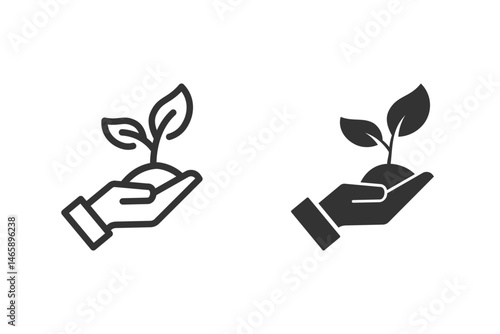 Hand holding sprout icon set. Represents concepts like growth, nurturing, environment, and sustainability. Perfect for illustrating themes related to nature, new beginnings, and care