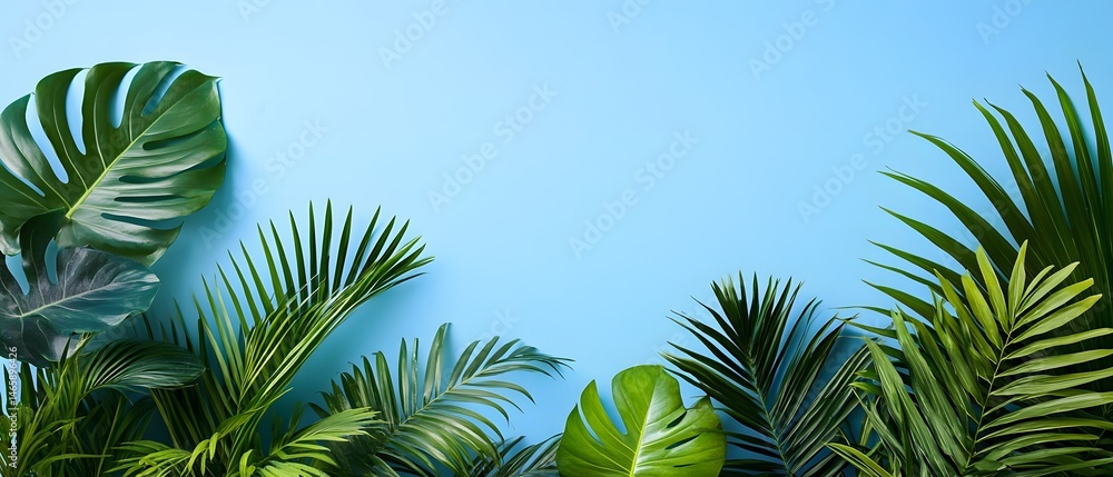 Fototapeta premium Tropical Palm Leaves Blue Background Summer