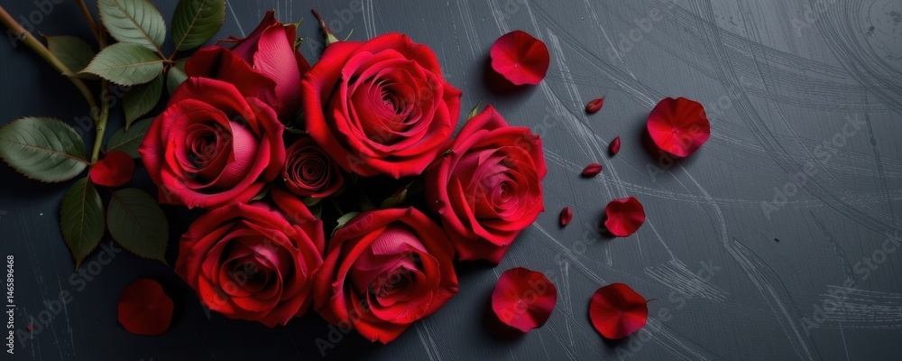 Beautiful red roses arranged with petals on a dark surface. Beautiful red roses arranged with petals on a dark surface.