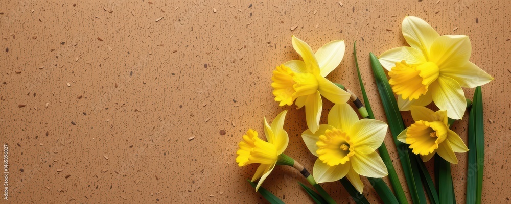 Fototapeta premium Bright yellow daffodils on a textured background create a vibrant floral arrangement.