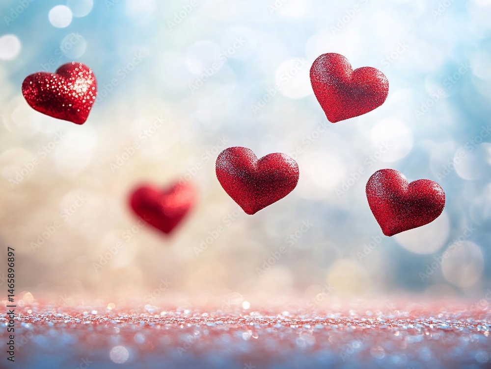 Fototapeta premium Festive red glitter hearts floating on a dreamy bokeh background