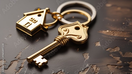 mansion real estate. Gold key with luxury house keychain
