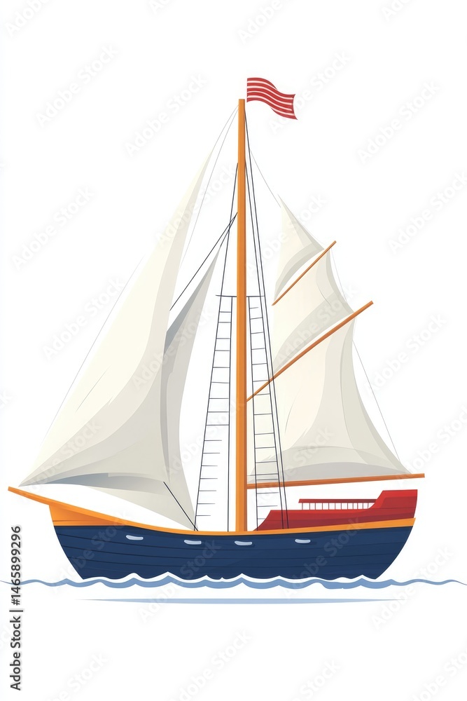 Obraz premium Illustration of sailing ship on water with white sails, blue hull, and red flag
