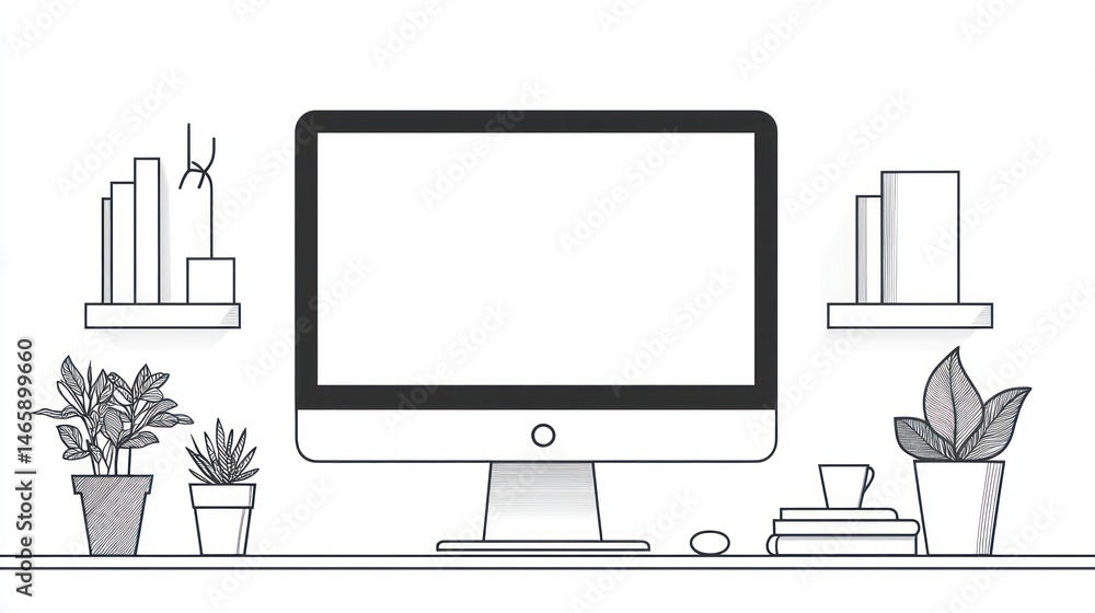 Fototapeta premium Line art minimalist home office workspace