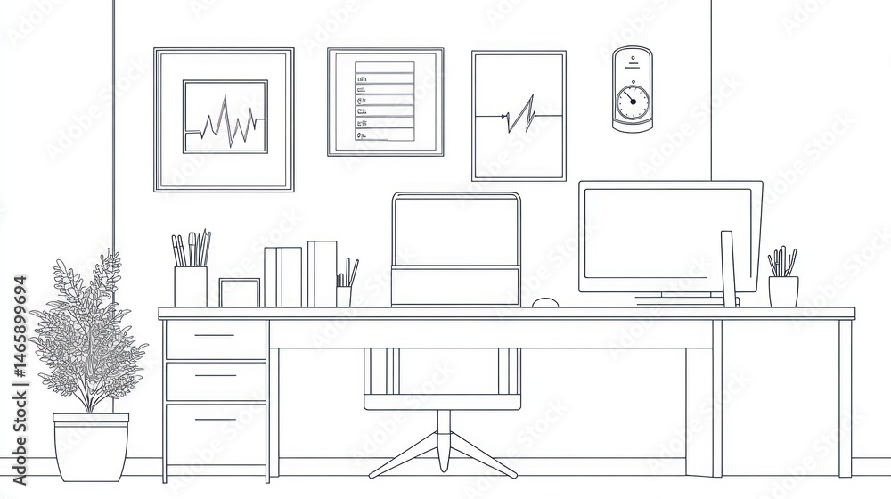 Fototapeta premium Line drawing of a modern doctor's office workspace