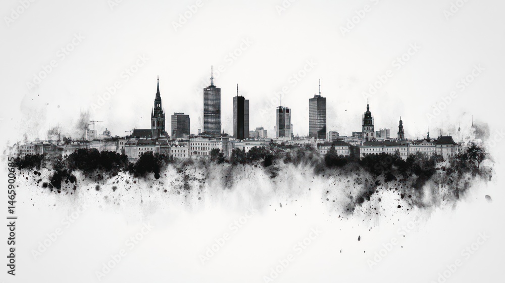 Fototapeta premium Warsaw Skyline: A Monochromatic Watercolor Cityscape