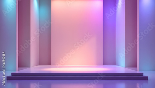 A wide-angle digital image of a modern event stage, featuring a flat, minimal platform and bathed in soft purple and blue lighting. The clean setup, high contrast, and absence of props or figures 