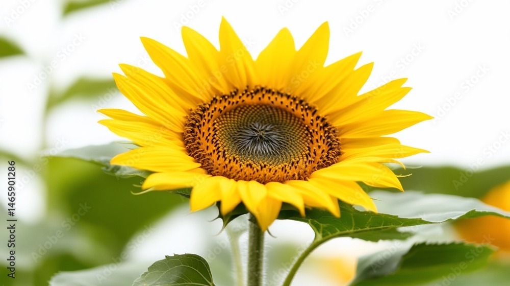 Close-up of a bright yellow sunflower in full bloom, with green leaves Close-up of a bright yellow sunflower in full bloom, with green leaves