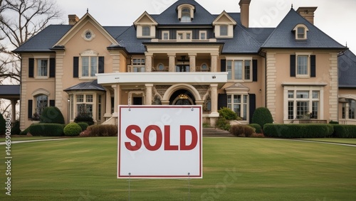 mansion real estate. Sold sign in front of the large mansion