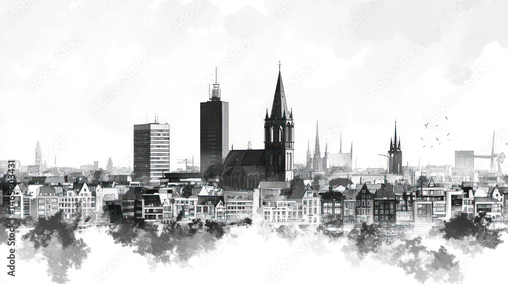 Obraz premium Monochromatic Cityscape: A Panoramic View of Deventer's Architectural Marvels