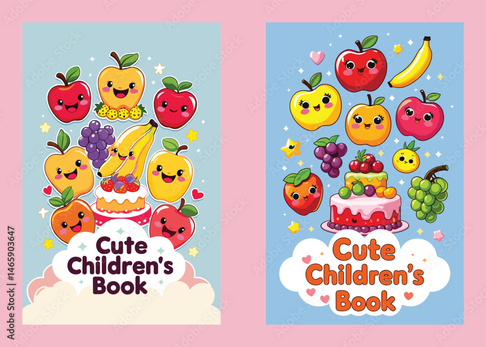 Obraz premium Cute Childrens Book Covers With Smiling Fruits And A Birthday Cake