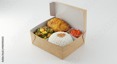 A traditional Indonesian rice box meal (Nasi Kotak) opened to show its contents, on white background