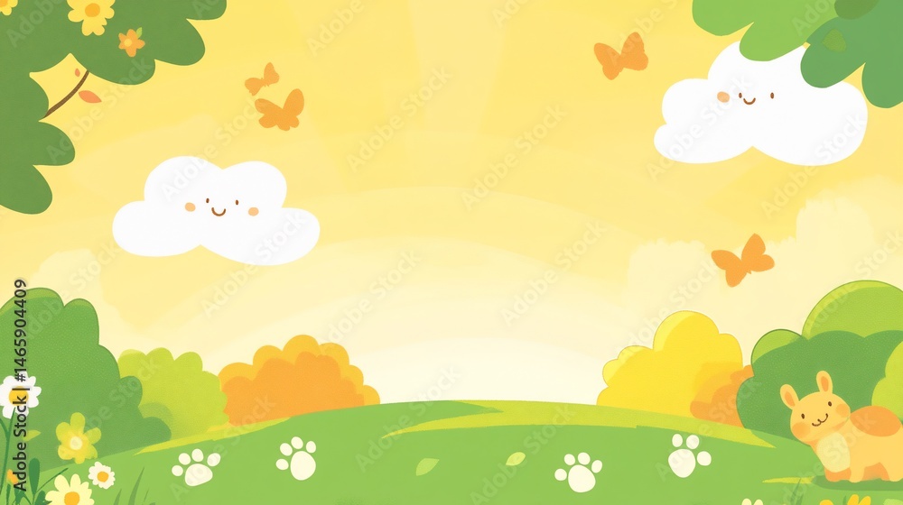Delightful summer illustration featuring a cute bunny amidst nature's beauty Delightful summer illustration featuring a cute bunny amidst nature's beauty