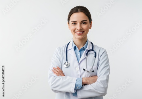 Portrait of a smiling doctor with stethoscope and arms crossed isolated on white background