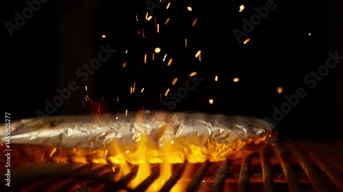 Glowing embers illuminating grilled fish in aluminum foil wrapping, creating sparkling fiery shower against dark background during slow-motion cooking process