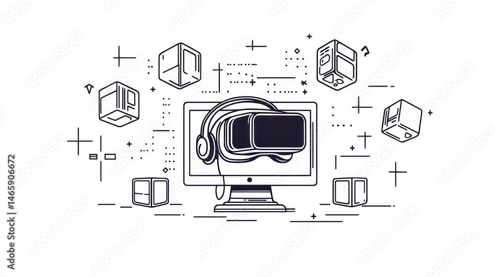 VR Headset on Computer; Futuristic Tech; Abstract Design; Stock Photo