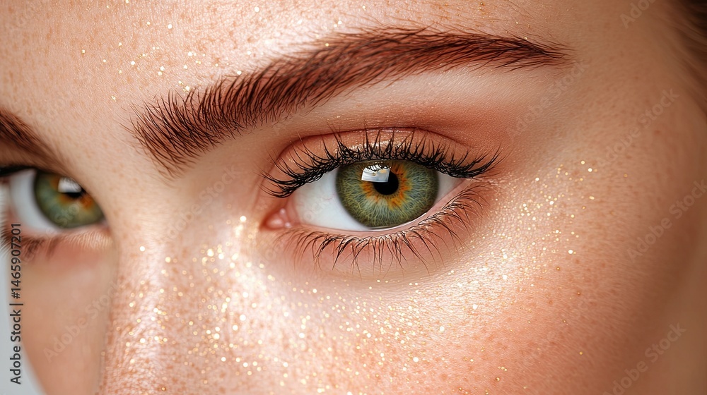 Fototapeta premium Freckled face with green eyes closeup.