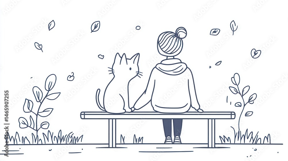 Woman and cat sitting on park bench, autumn scene, illustration