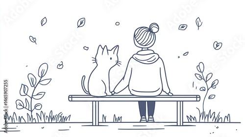 Obraz na płótnie Woman and cat sitting on park bench, autumn scene, illustration w salonie